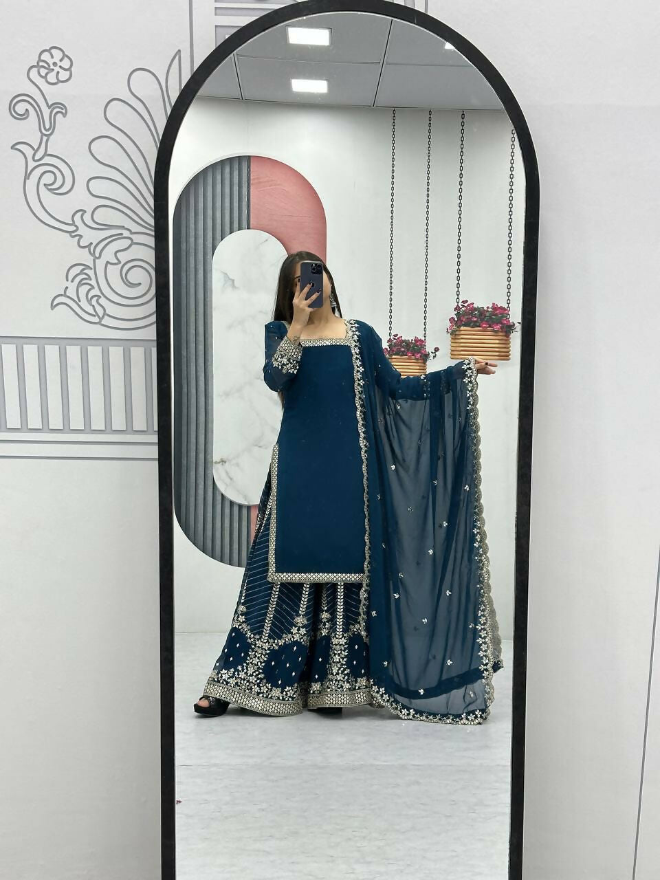 Teeya Creation Womens New Heavy Fox Georgette Fabric With Heavy Embroidery Work Teal Kurta Set