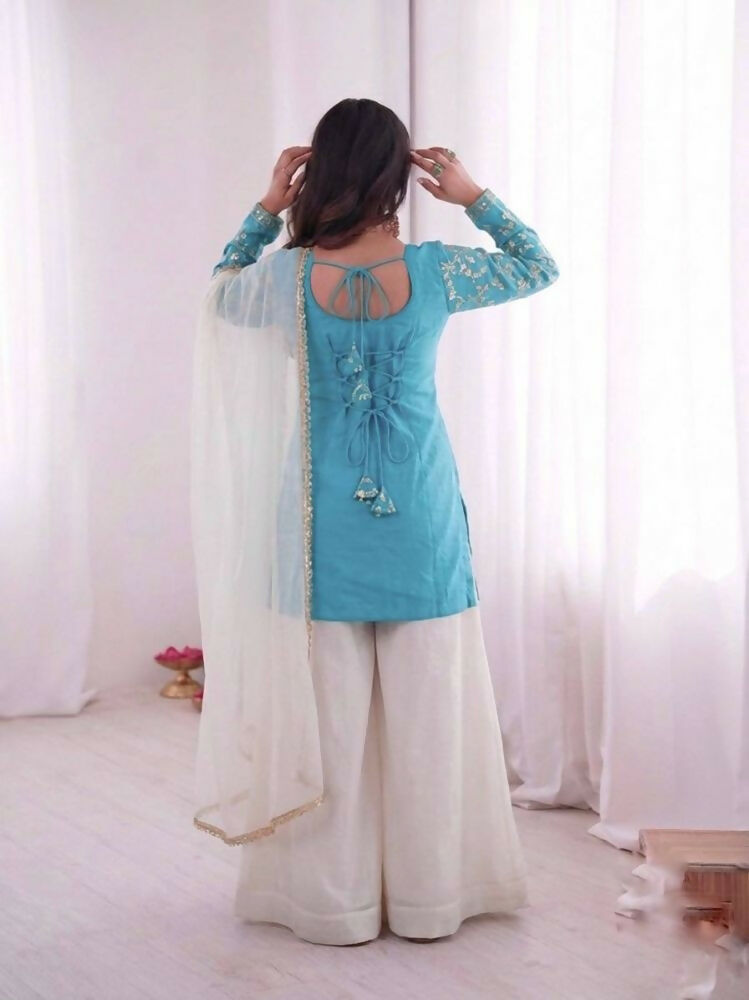 Teeya Creation Blue And White Color Fendy Silk Embroidery Work Wedding Wear Salwar Suit