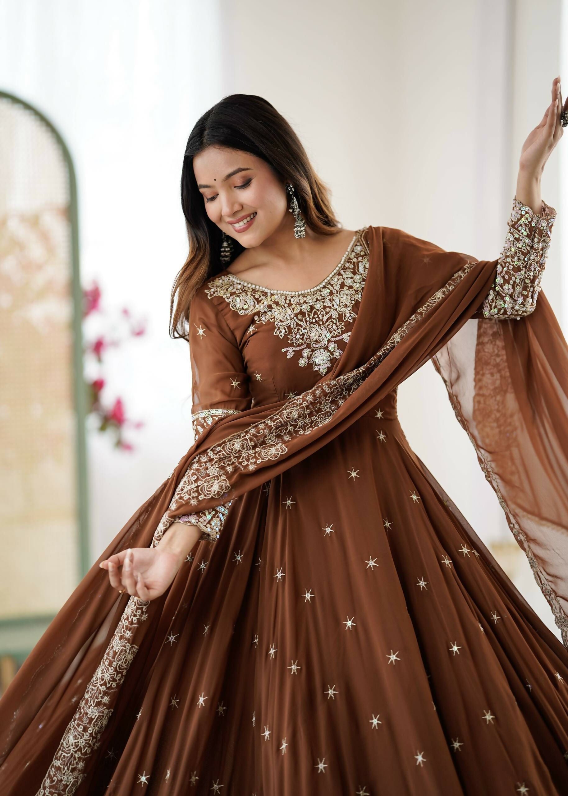 Teeya Creation Browm Color Faux georgette Embroidery Work Wedding Wear Gown