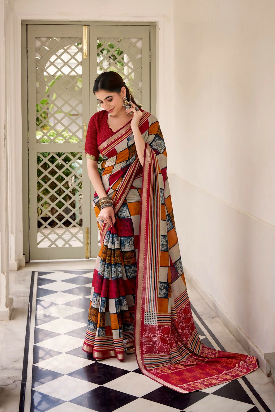 Vastranavya Maroon Viscose Chanderi Printed with Temple Border Saree & Unstitched Blouse
