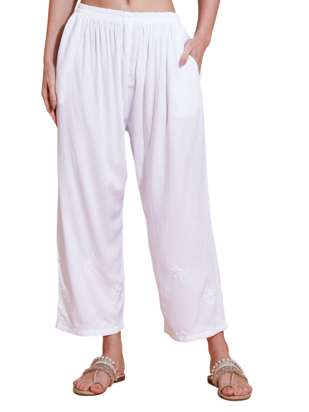 Pahnaz Luxury Rayon Chikankari Handwork Palazzo-White