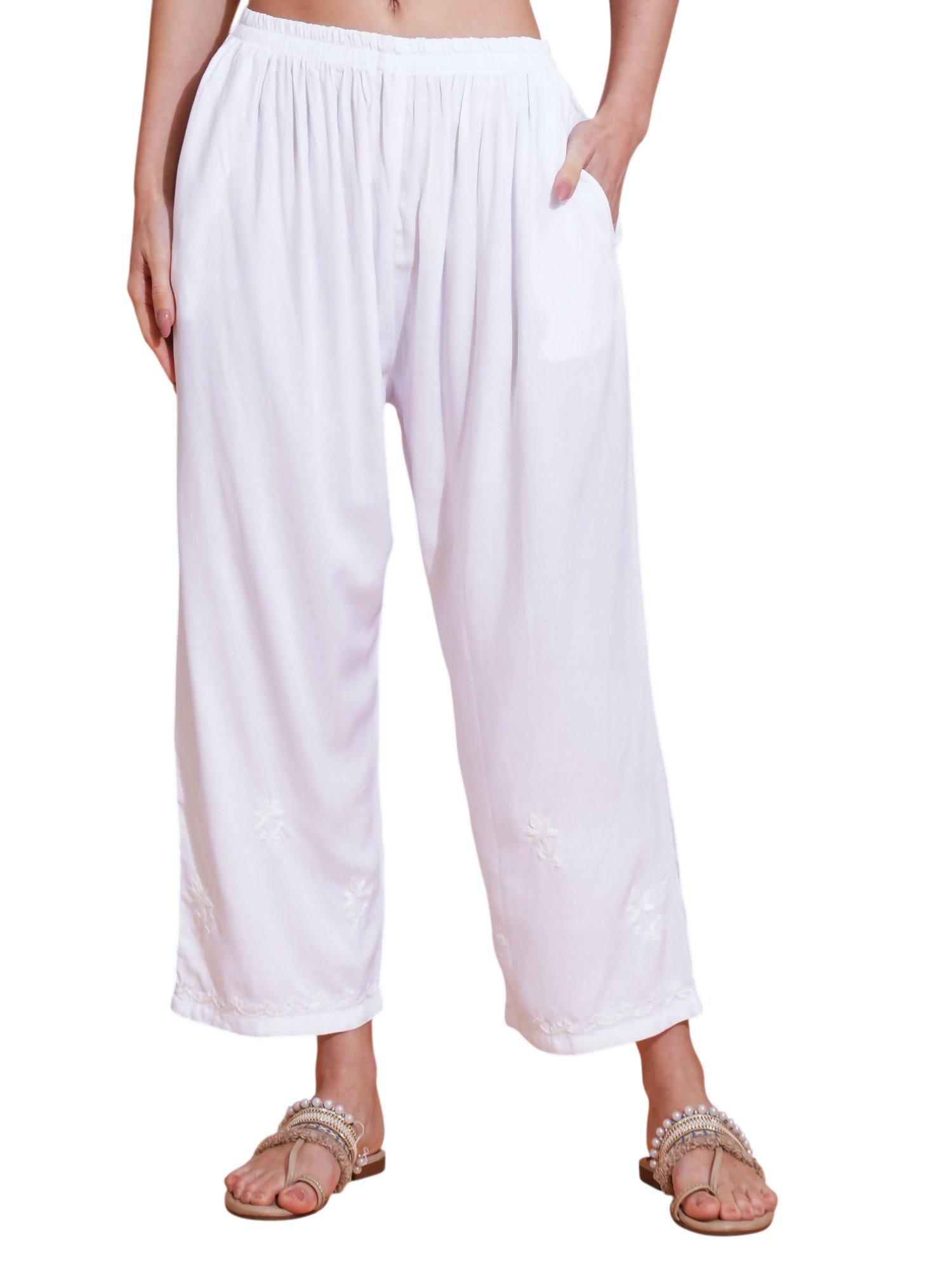 Pahnaz Luxury Rayon Chikankari Handwork Palazzo-White