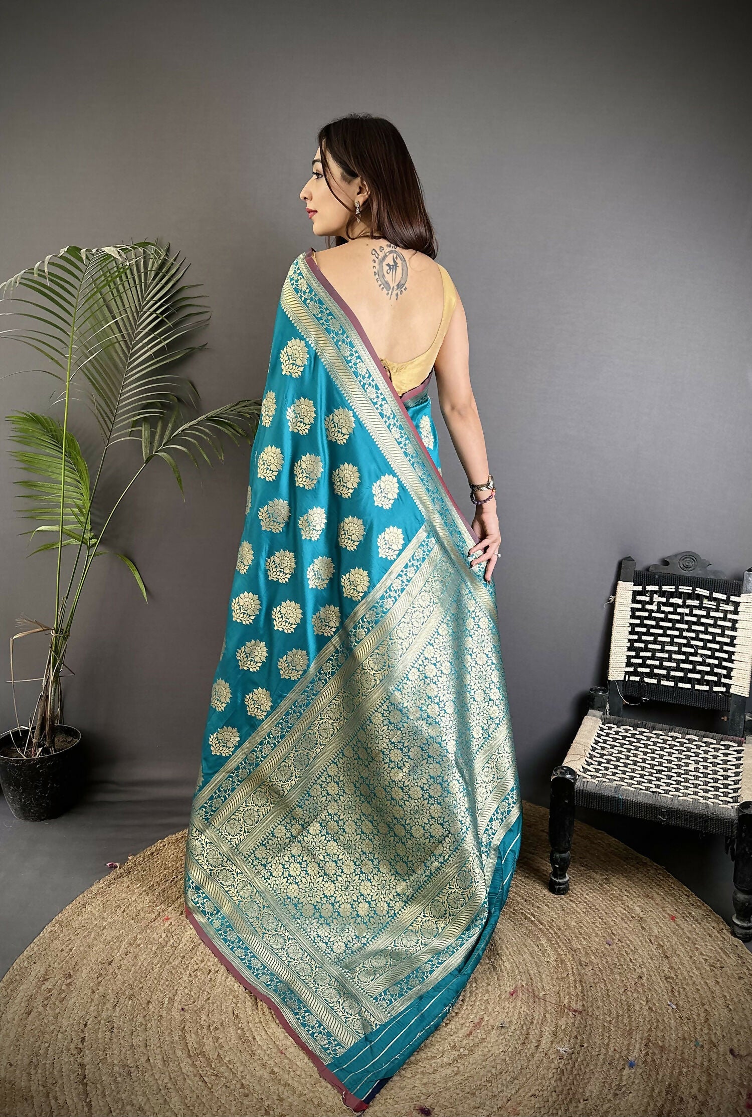 Joban Fashion Teal Ethnic Floral Motifs Soft Lichi Silk Banarasi Saree