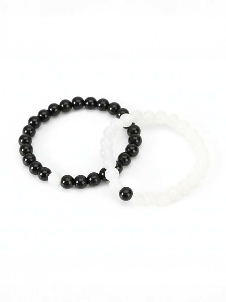 NVR Set of 2 Black & White crystal beaded Bracelet for Men & Women