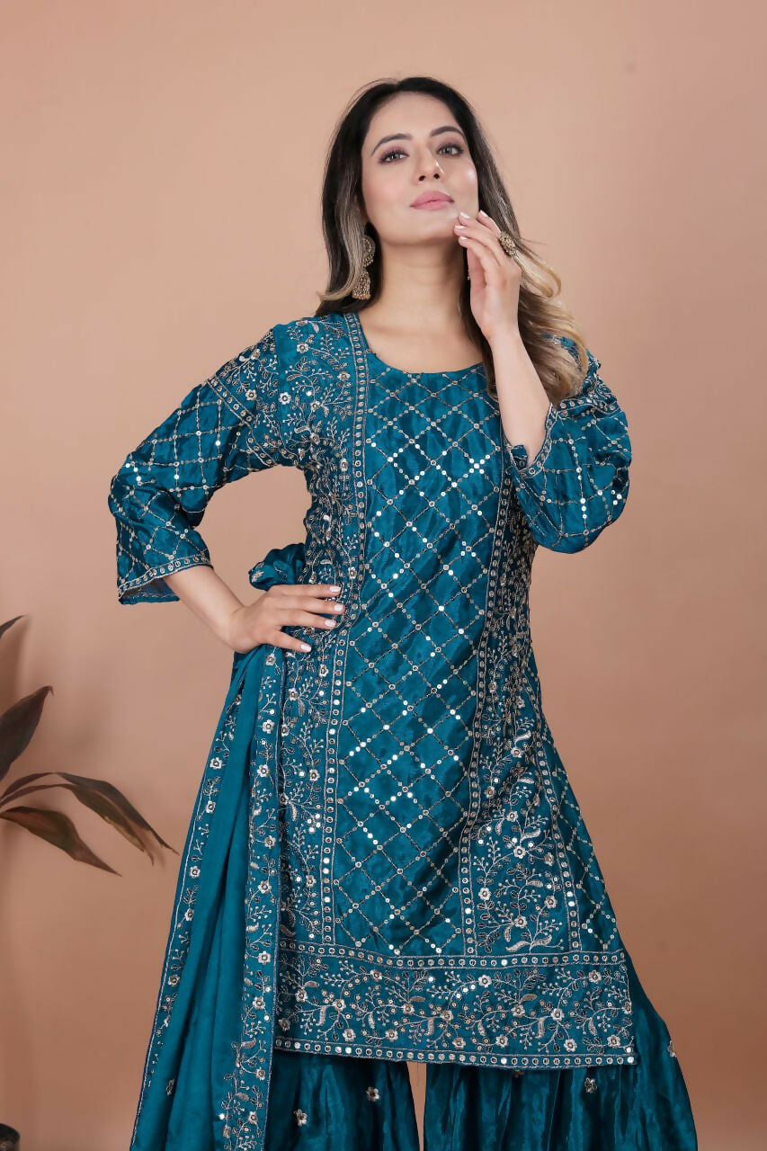Teeya Creation Teal Color Chinon Silk Embroidery Work Sharara Set