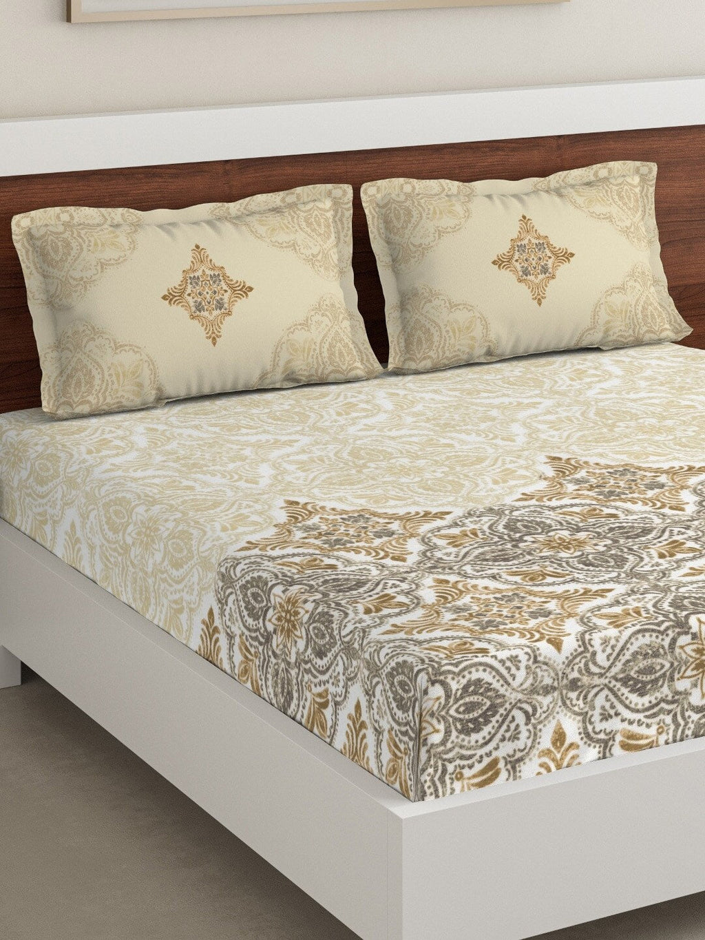 DDecor Beige & Grey Ethnic Motifs 180 TC Cotton 1 King Bedsheet with 2 Pillow Covers