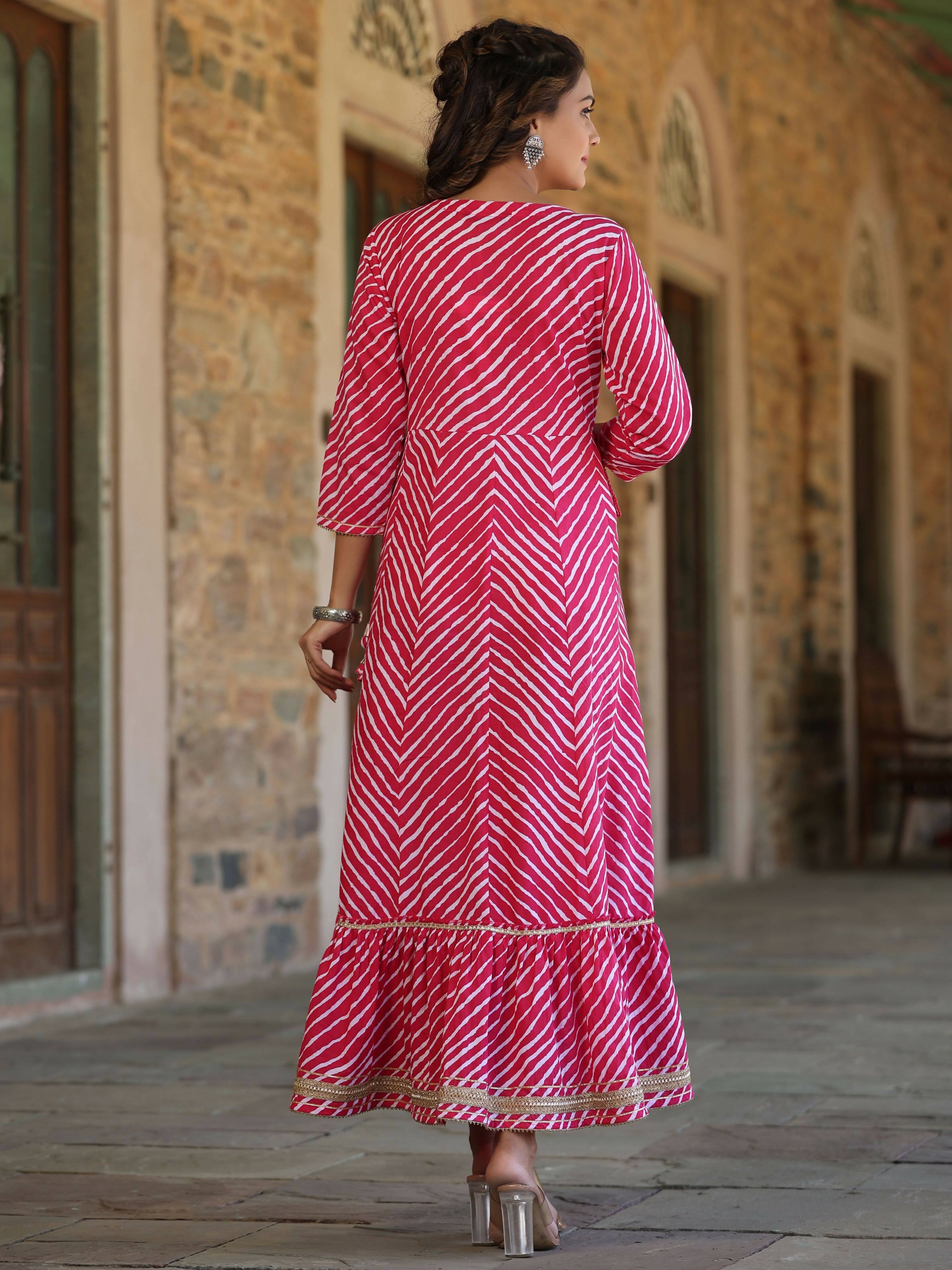 Juniper Women's Fuschia Printed Embroidered Mirror Work Sequin Cotton Flared Dress