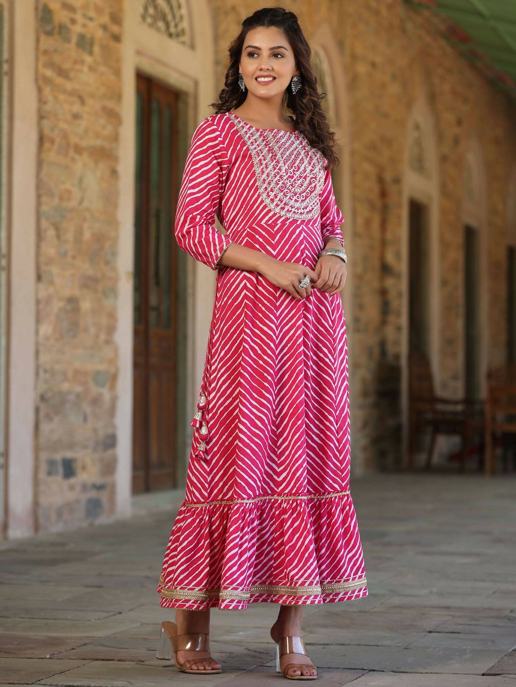 Juniper Women's Fuschia Printed Embroidered Mirror Work Sequin Cotton Flared Dress