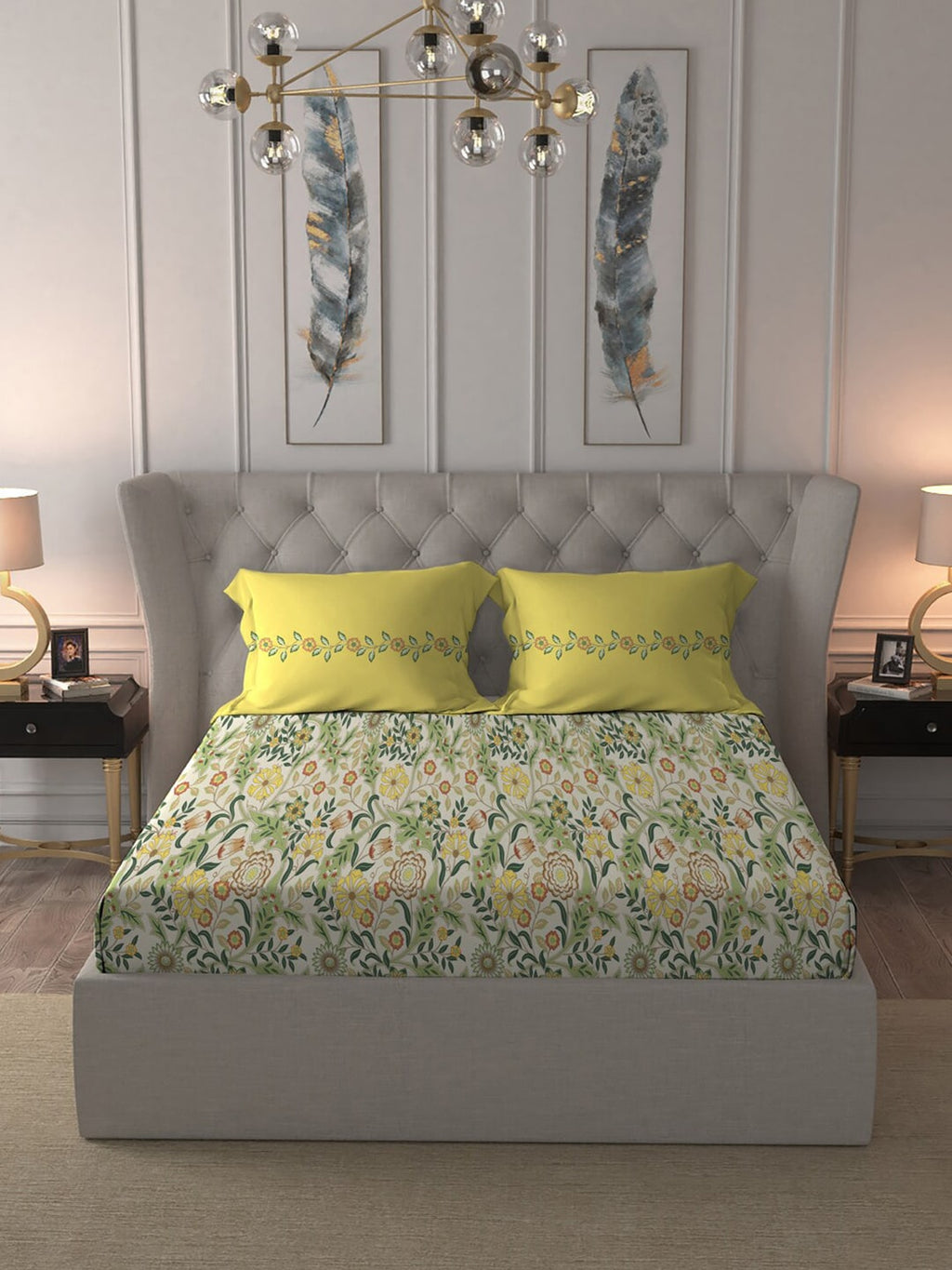MYTRIDENT Beige White Floral Pure Cotton 144 TC Queen Bedsheet With 2 Pillow Covers