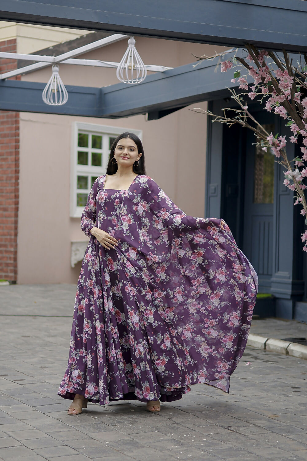 Aayaa Designer Printed Georgette Full Flare Gown With Dupatta - Multi Color