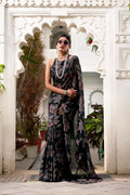 Vastranavya Black Lurex Brasso Floral Printed Saree with Unstitched Blouse