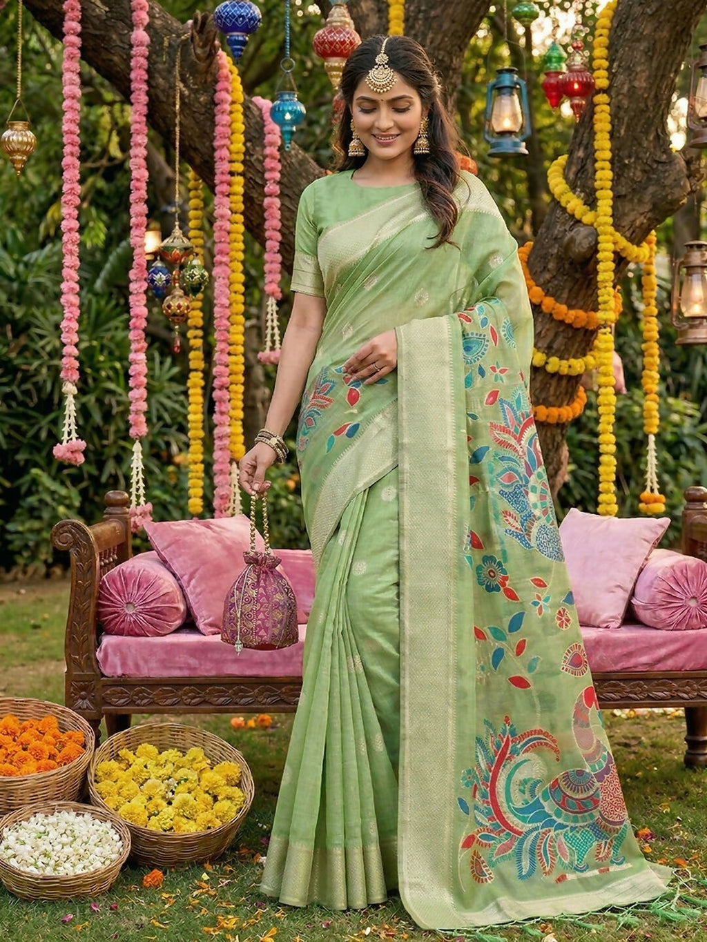 Shree Shyam Fashion Light Green Linen Cotton Saree