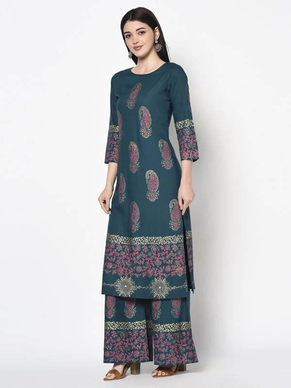 Aniyah Rayon Teal Blue Color Block Print Straight Kurta Palazzo Set (AN-223K)