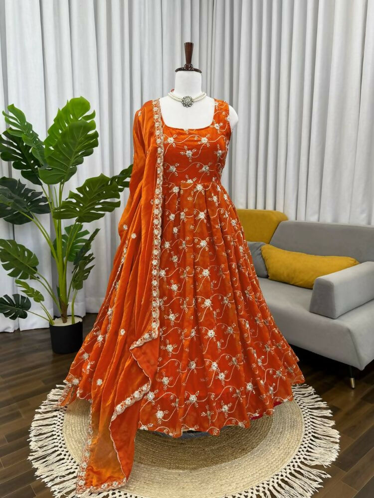 Teeya Creation Orange Color Fendy Silk Heavy Embroidery Work Wedding Wear Long Gown