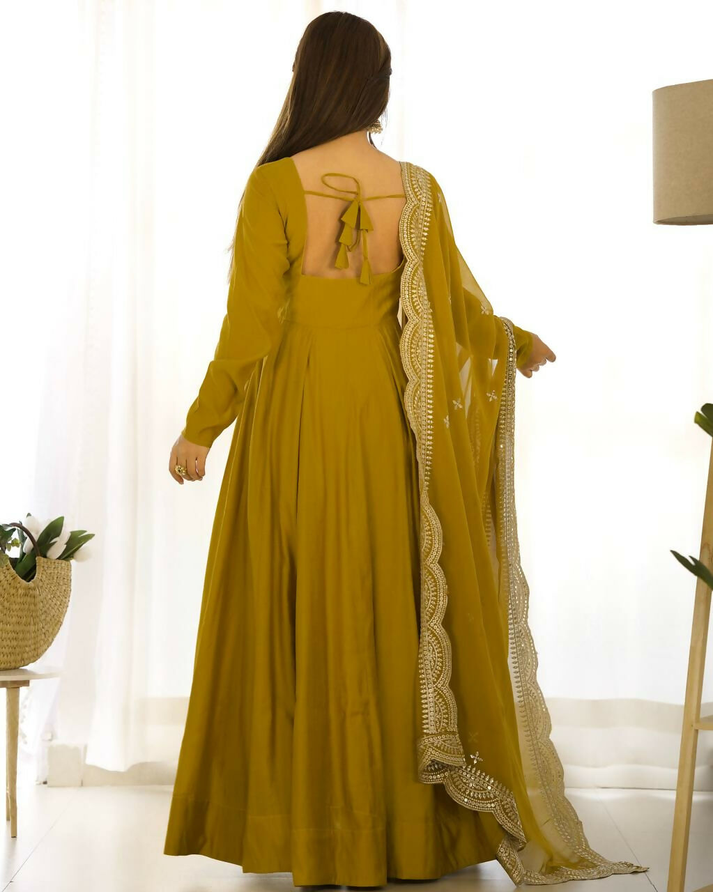 Lehenga Mart Designer Anarkali Suit With Kurta, Pant, Dupatta For Women-Mustard