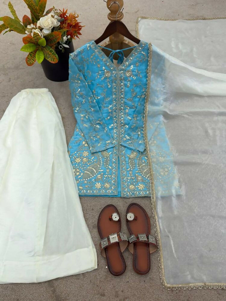 Teeya Creation Blue And White Color Fendy Silk Embroidery Work Wedding Wear Salwar Suit