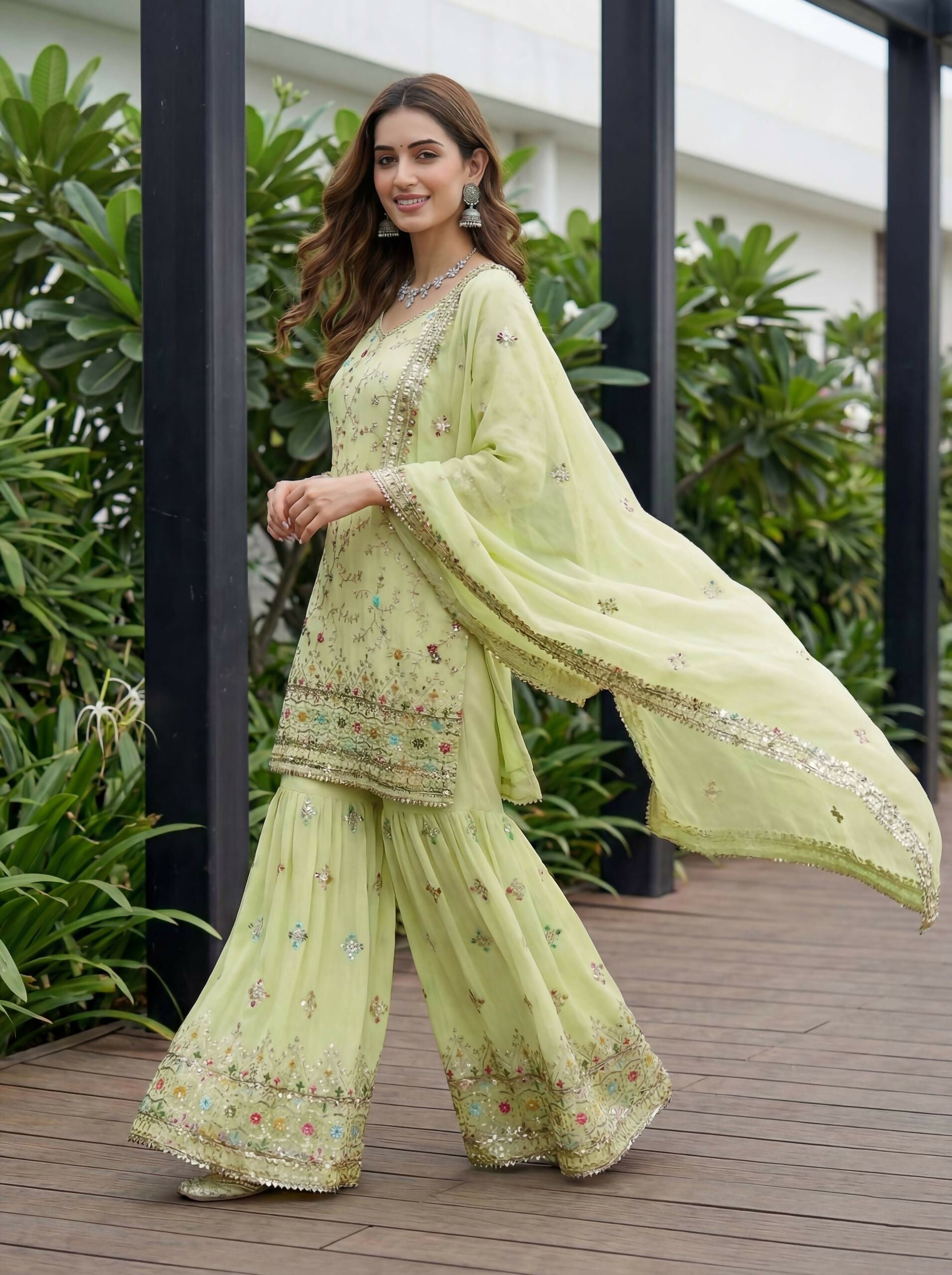 Teeya Creation Pista Faux Georgette Multi Thread Work Wedding Wear Sharara Set