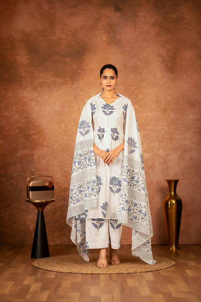 Joban Fashion Off White Blue Hand Block Printed Cotton Suit Set