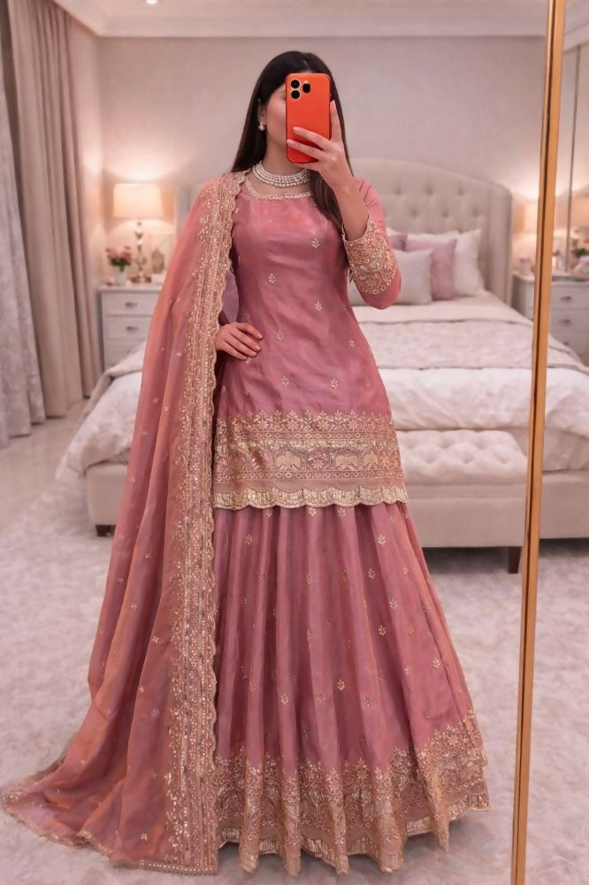 Teeya Creation Pink Color Fendy Satin Heavy Embroidery Work Wedding Wear Stitched Lehenga Choli