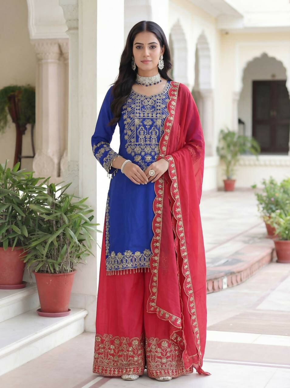 Joban Fashion Blue Silk Embroidered Sharara Set