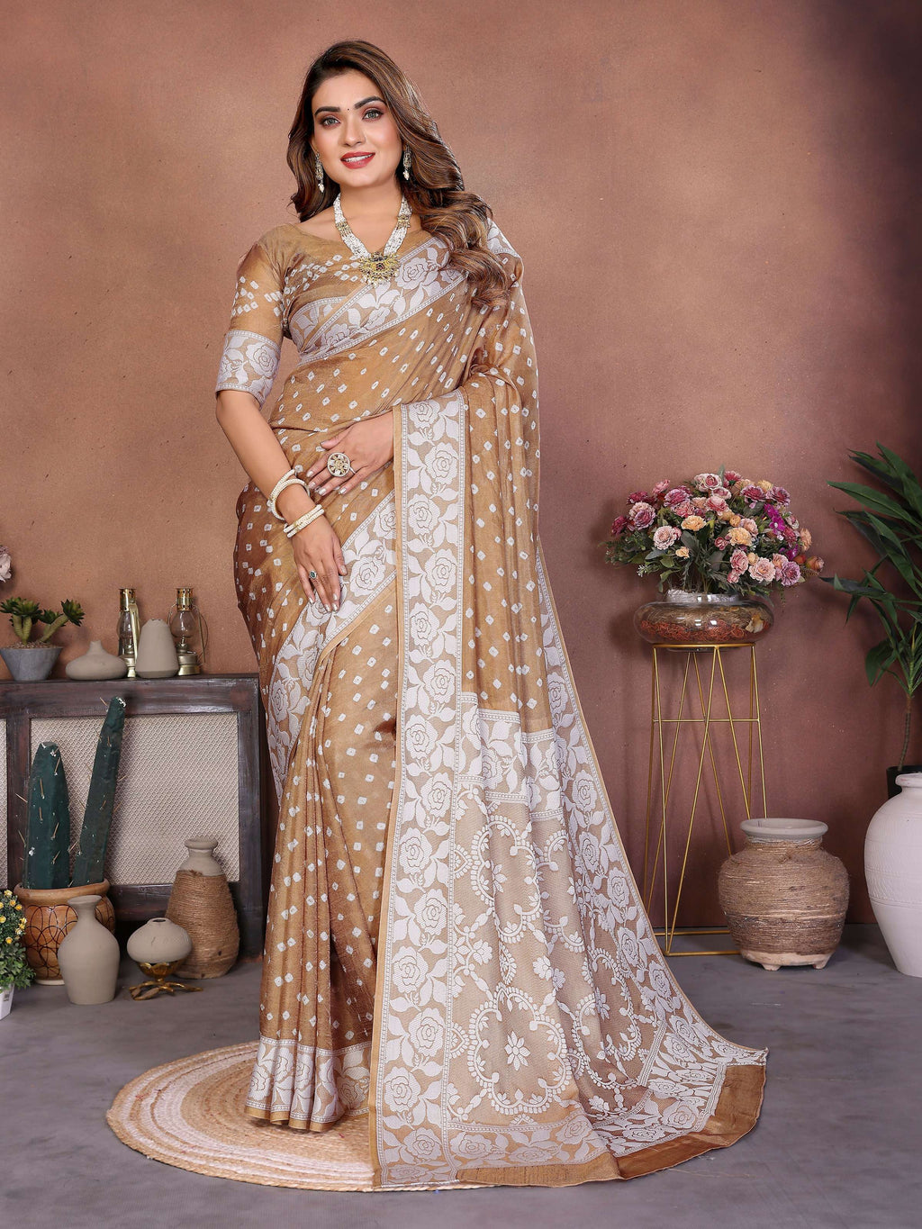 Aastha Fashion Light Brown Viscose Silk Handmade Original Bandhej Saree