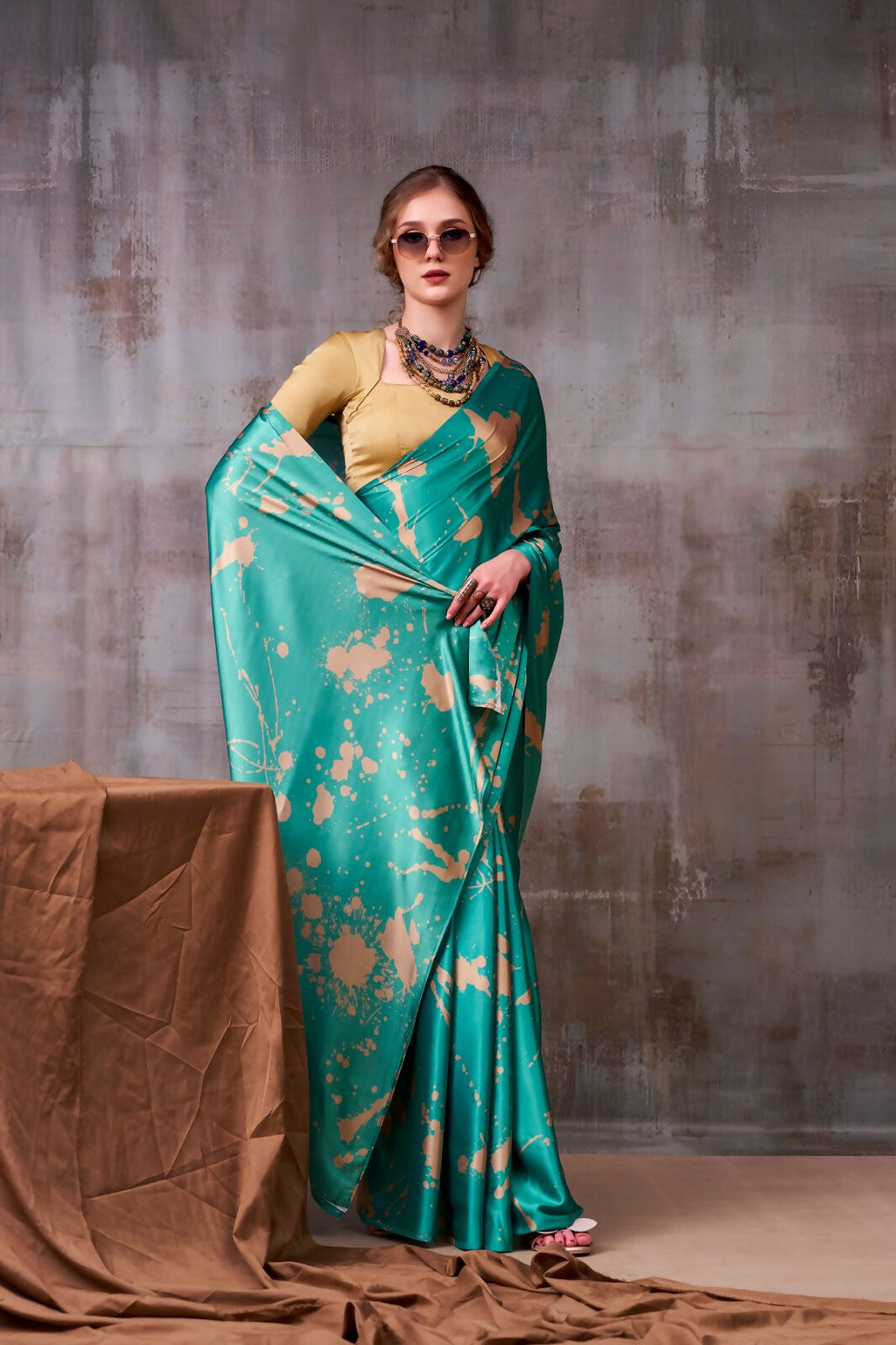 Vastranavya Sea Blue Satin Silk Printed Saree with a Natural Silk Unstitched Blouse