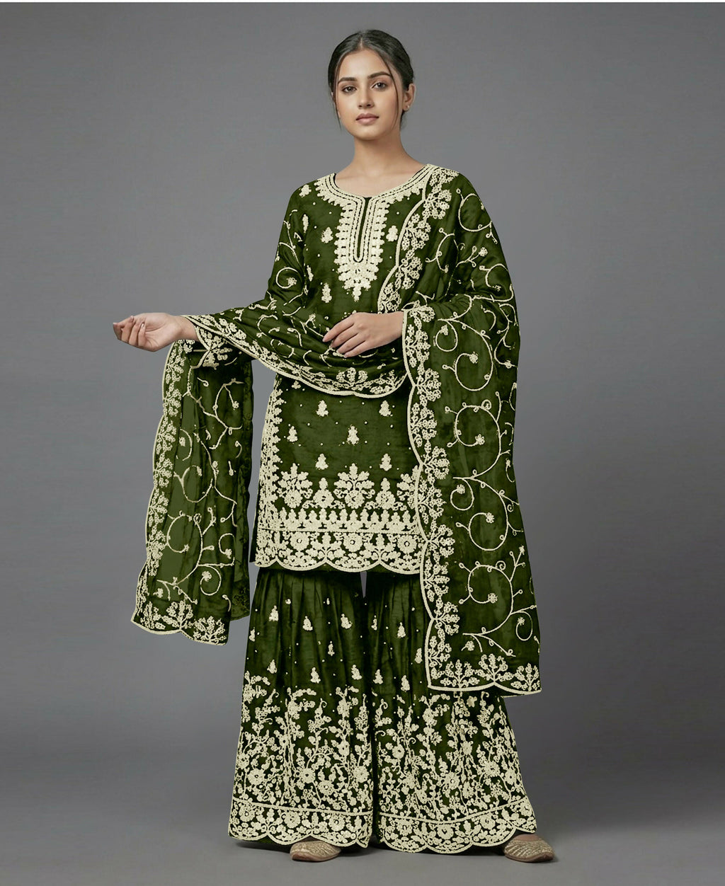 Teeya Creation Womens New Trendy Pure Gmy Silk With Heavy Embroidery Sequence Work Mehendi Kurta Set