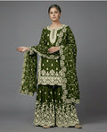 Teeya Creation Womens New Trendy Pure Gmy Silk With Heavy Embroidery Sequence Work Mehendi Kurta Set