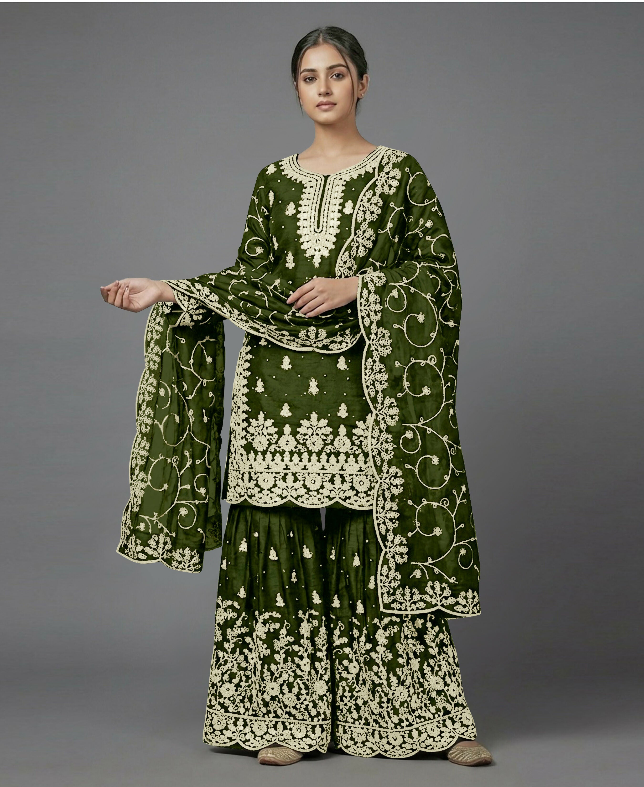 Teeya Creation Womens New Trendy Pure Gmy Silk With Heavy Embroidery Sequence Work Mehendi Kurta Set