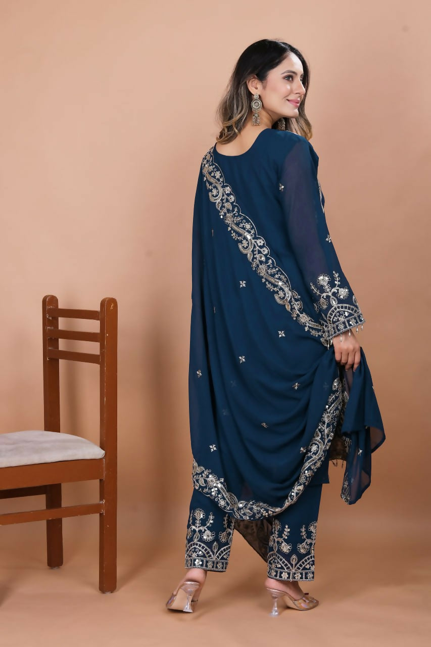 Joban Fashion Blue Georgette Embroidered Kurti Set