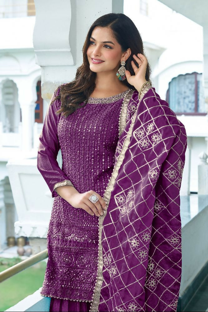 Teeya Creation Wine Colour Chinnon Silk Heavy Embroidery Work Fully Stitched Salwar Suit
