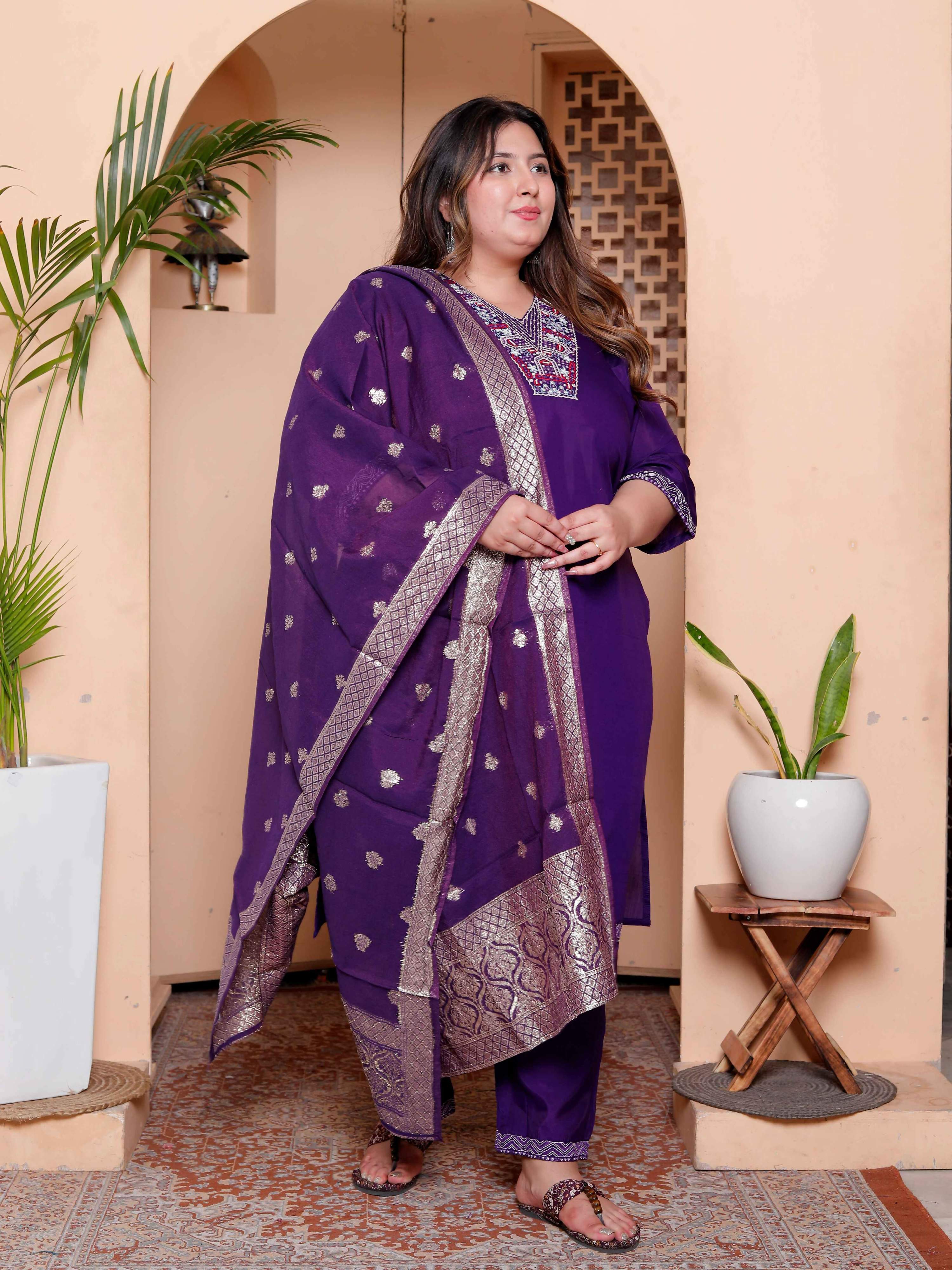 Miravan Women's Plus Size Purple Muslin Straight kurta and palazzo with dupatta Suit set