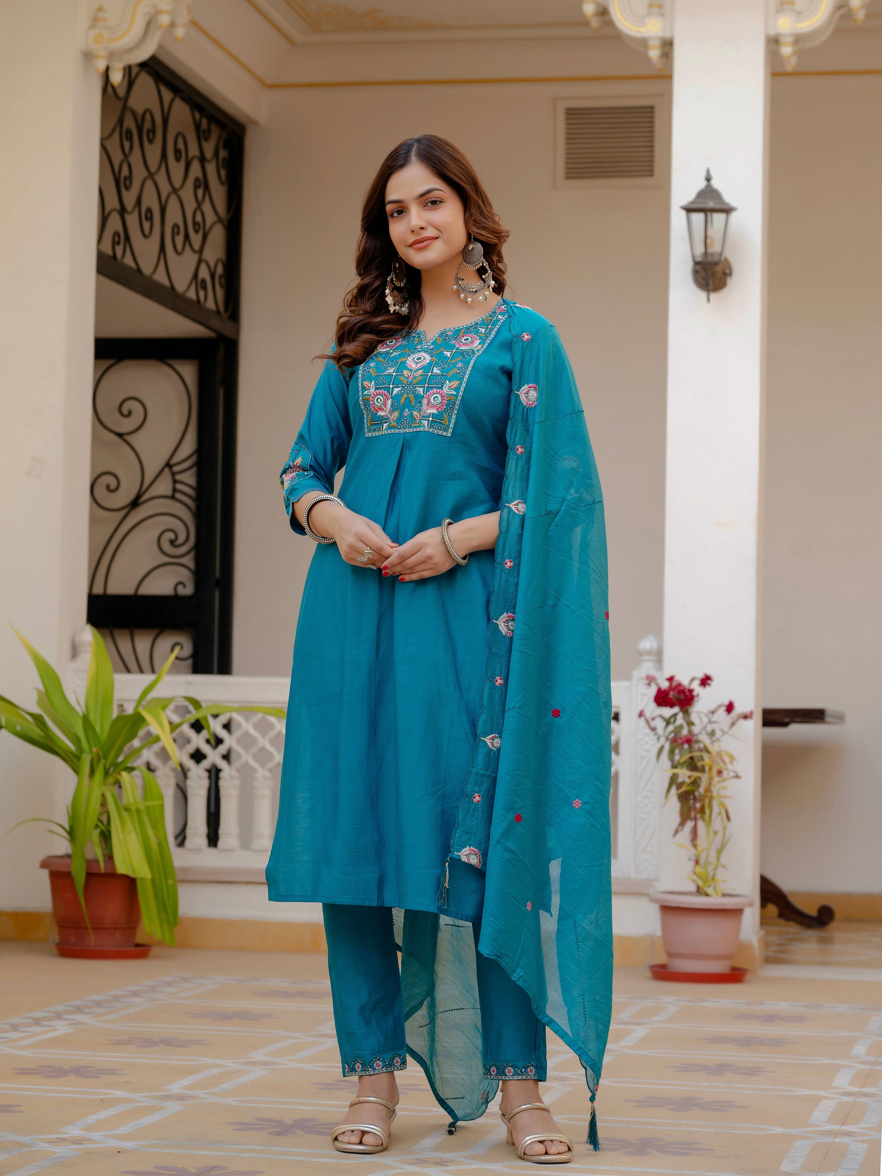 Pramukh Fab Firozi Color Viscose Mango Silk Kurta Set