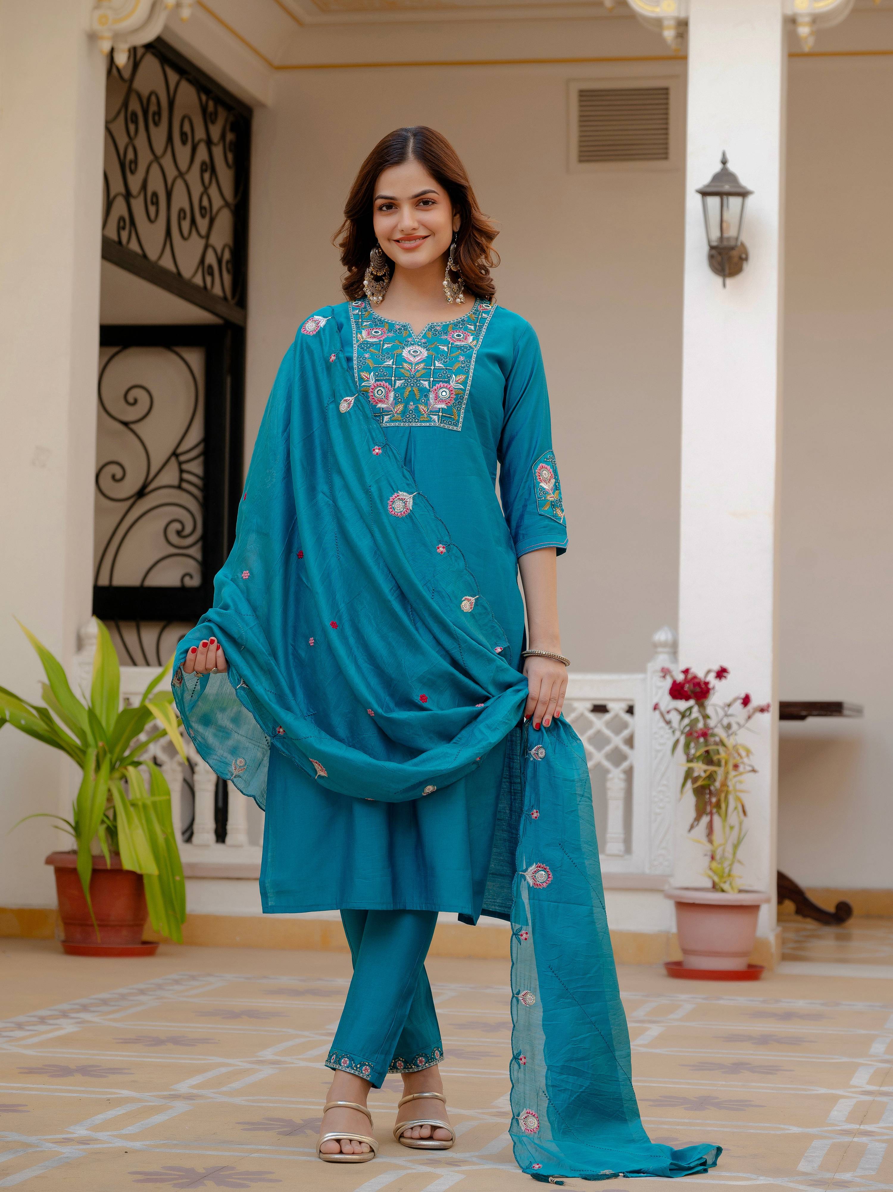 Pramukh Fab Firozi Color Viscose Mango Silk Kurta Set