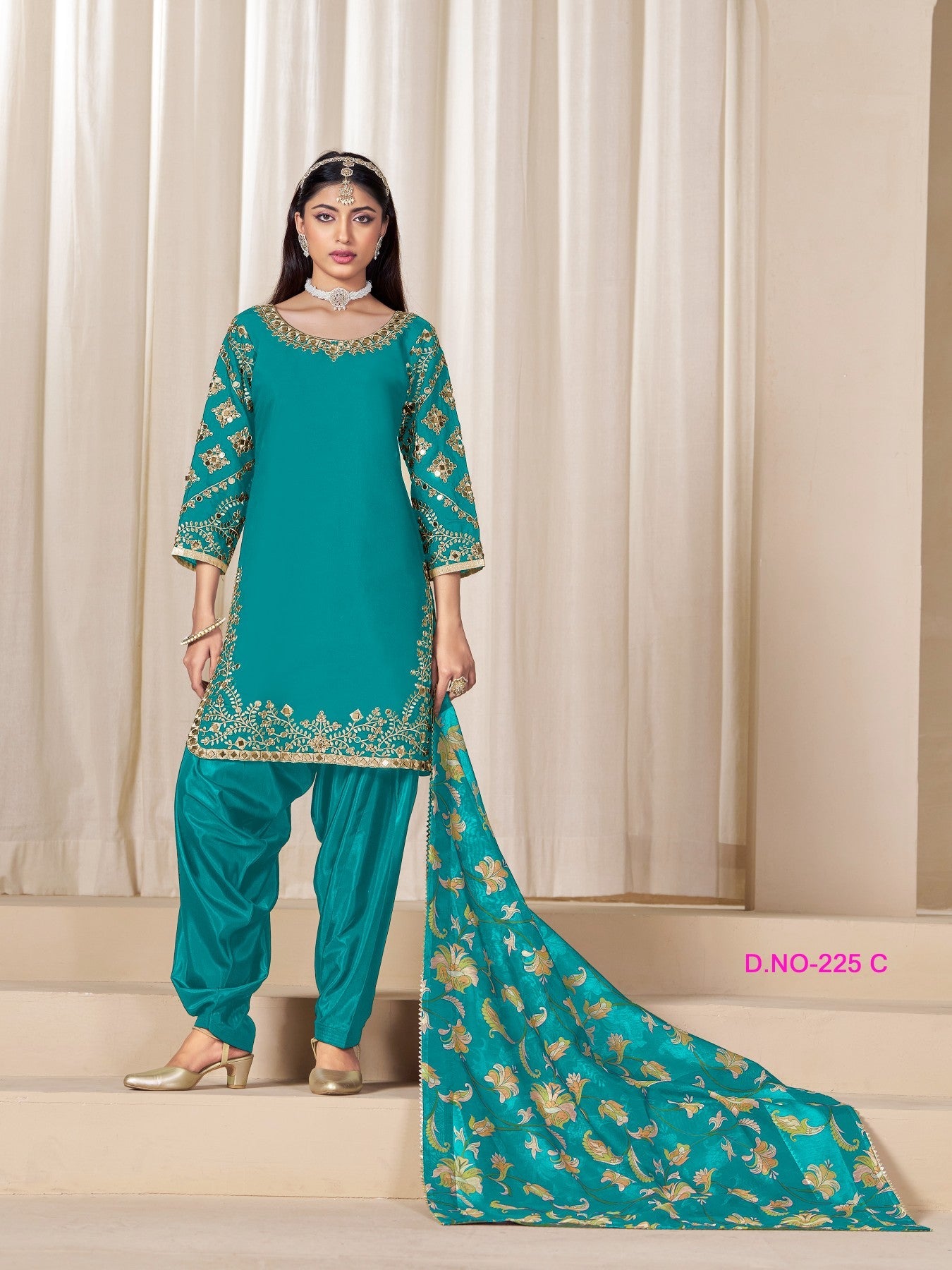 Anaita Teal-Blue Premium Embroidered Roman Silk Salwar Suit