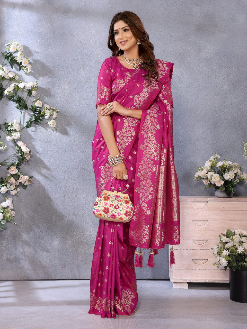 Anaita Rani Pink Premium Banarasi Tissue Silk Saree With Gala Weaving Work