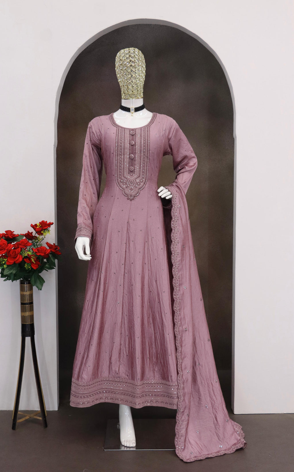 Anaita Onion Pink Embroidered Vichitra Silk Stitched Anarkali Suit