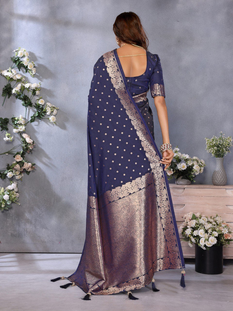Anaita Dark Navy Blue Premium Banarasi Tissue Silk Saree With Gala Weaving Work