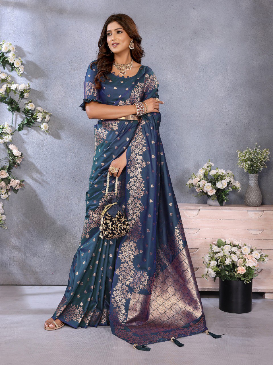 Anaita Dark Navy Blue Premium Banarasi Tissue Silk Saree With Gala Weaving Work
