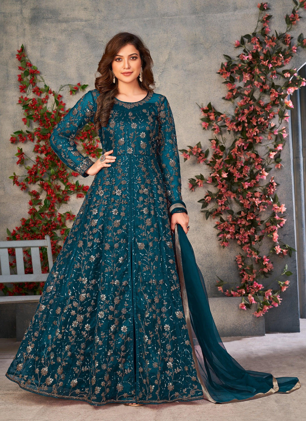 Anaita Teal Embroidered Butterfly Net Anarkali Suit