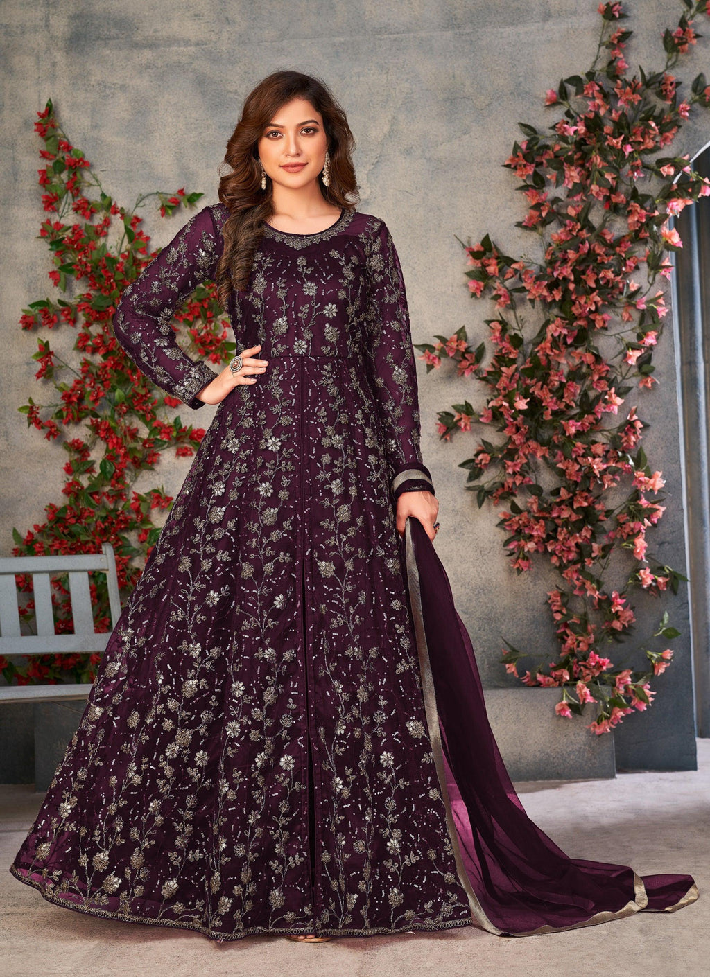 Anaita Wine Embroidered Butterfly Net Anarkali Suit