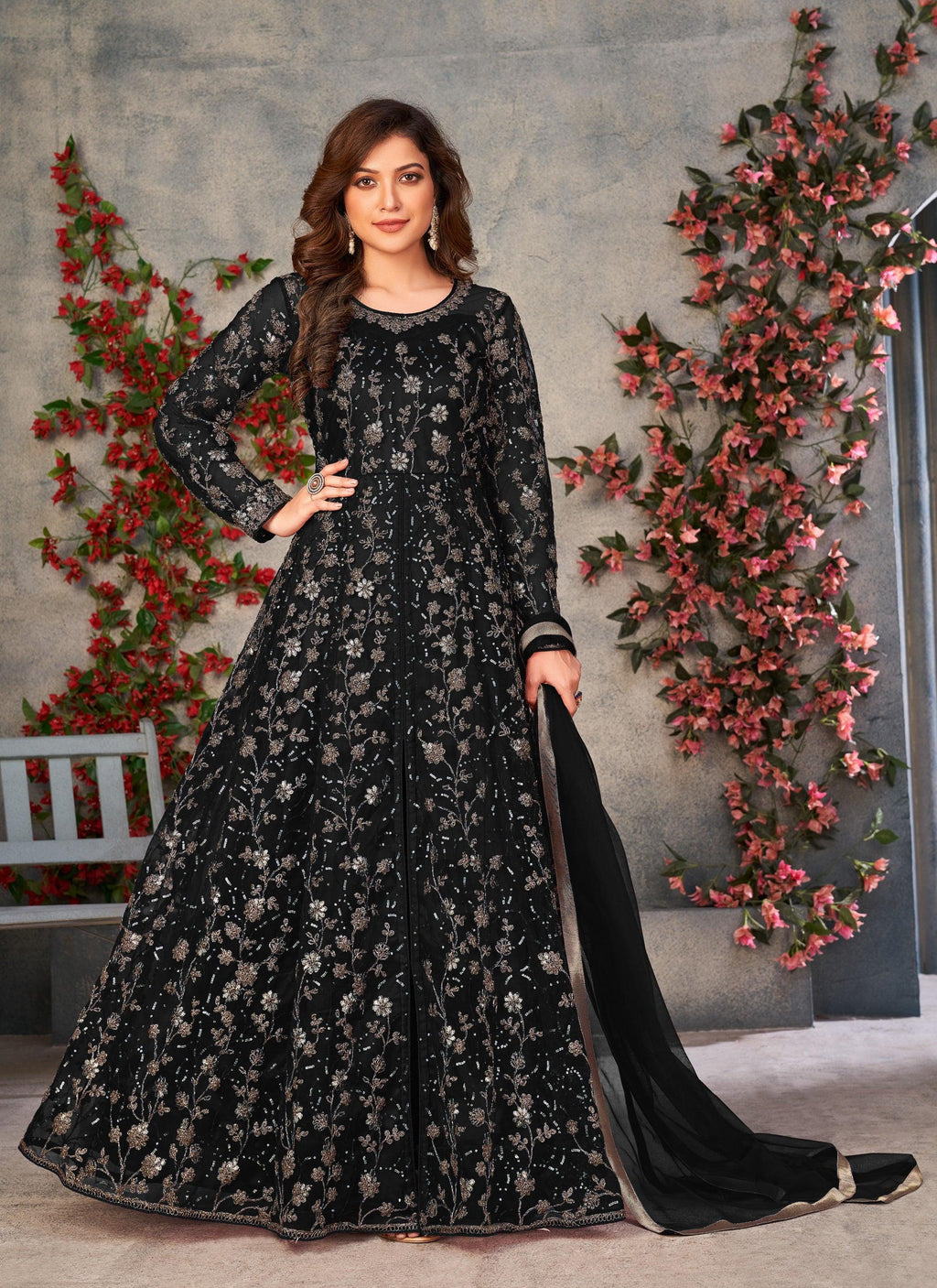 Anaita Black Embroidered Butterfly Net Anarkali Suit