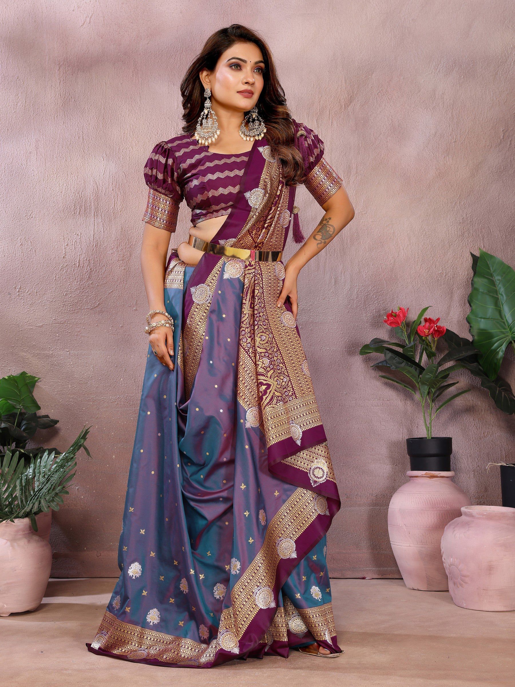 Anaita Purple Handloom Kalamkari Silk Saree With Zari Woven Work