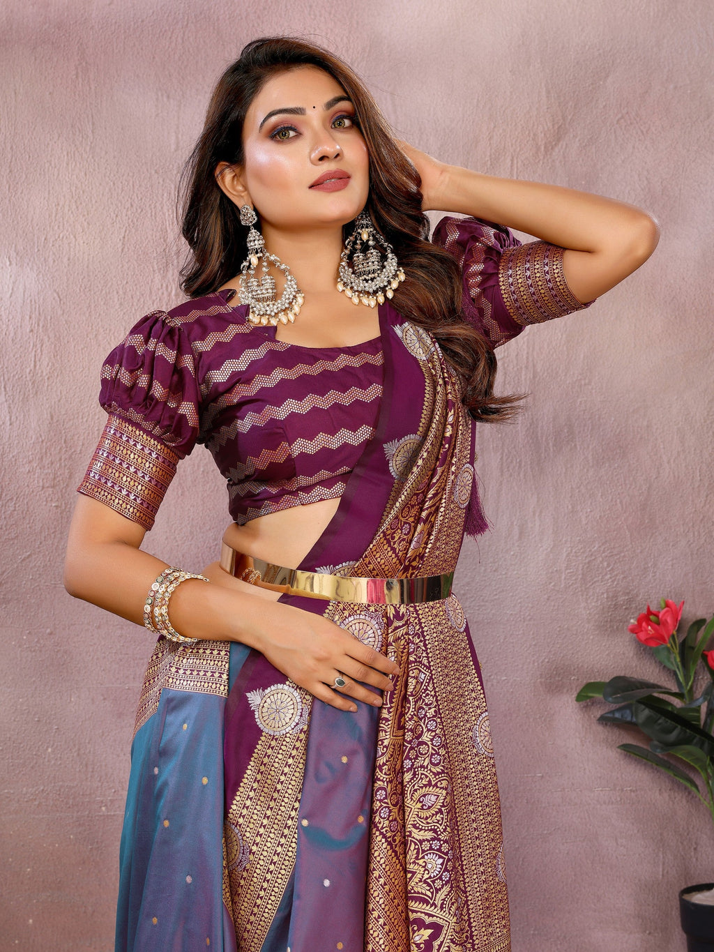 Anaita Purple Handloom Kalamkari Silk Saree With Zari Woven Work