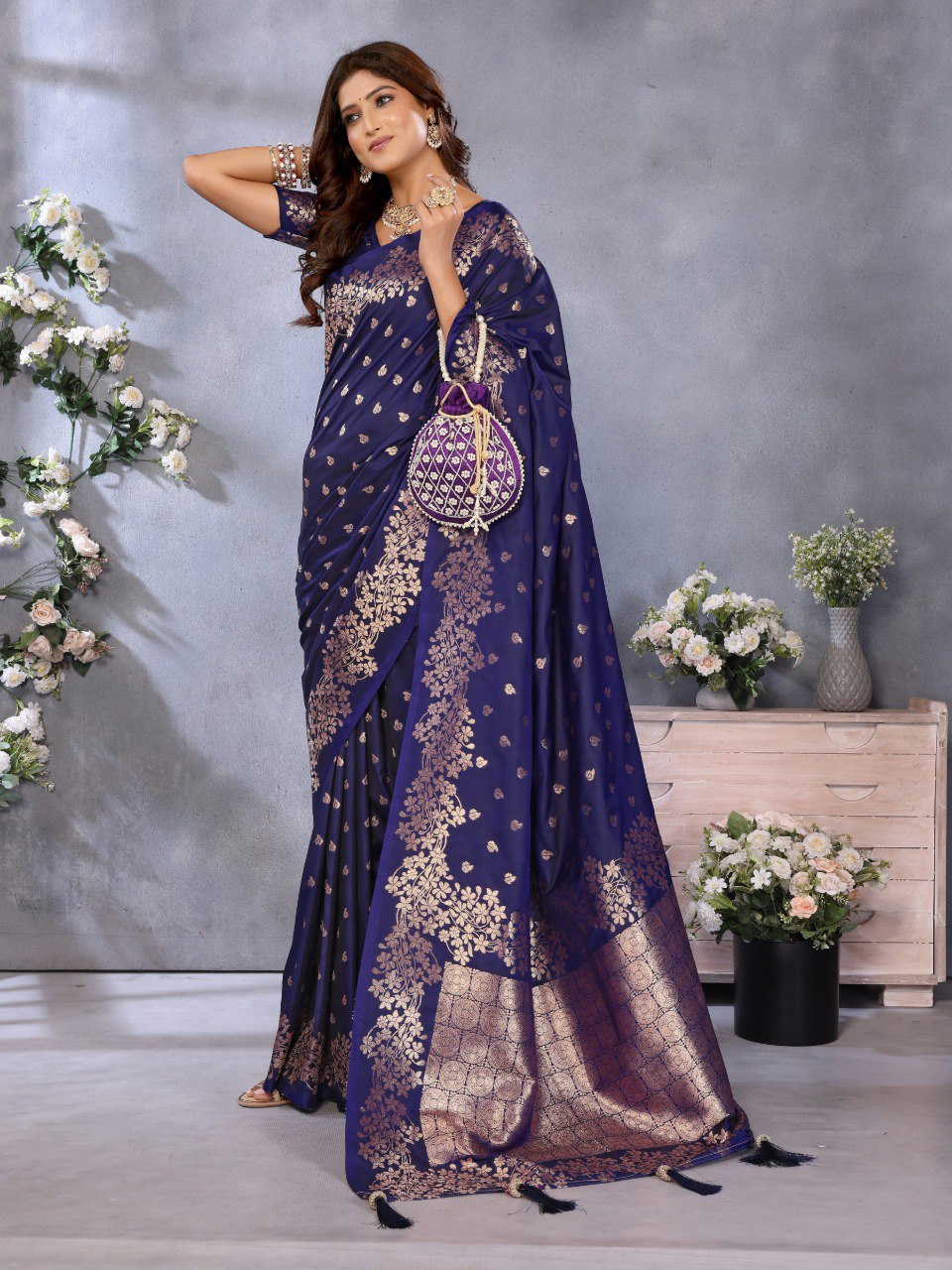 Anaita Violet Premium Banarasi Tissue Silk Saree With Gala Weaving Work