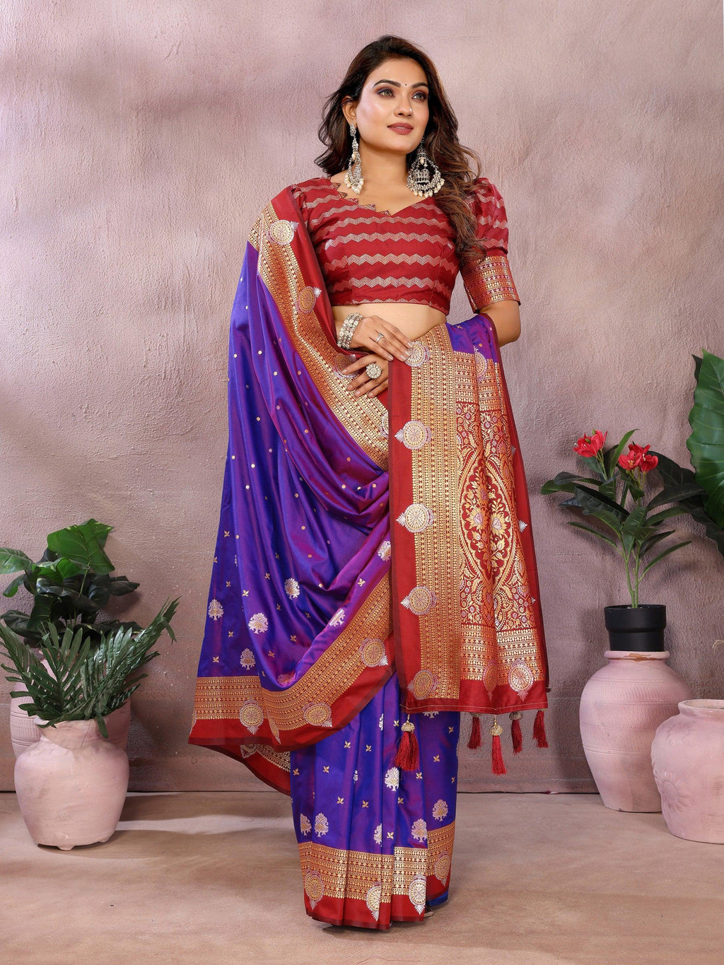 Anaita Violet Handloom Kalamkari Silk Saree With Zari Woven Work