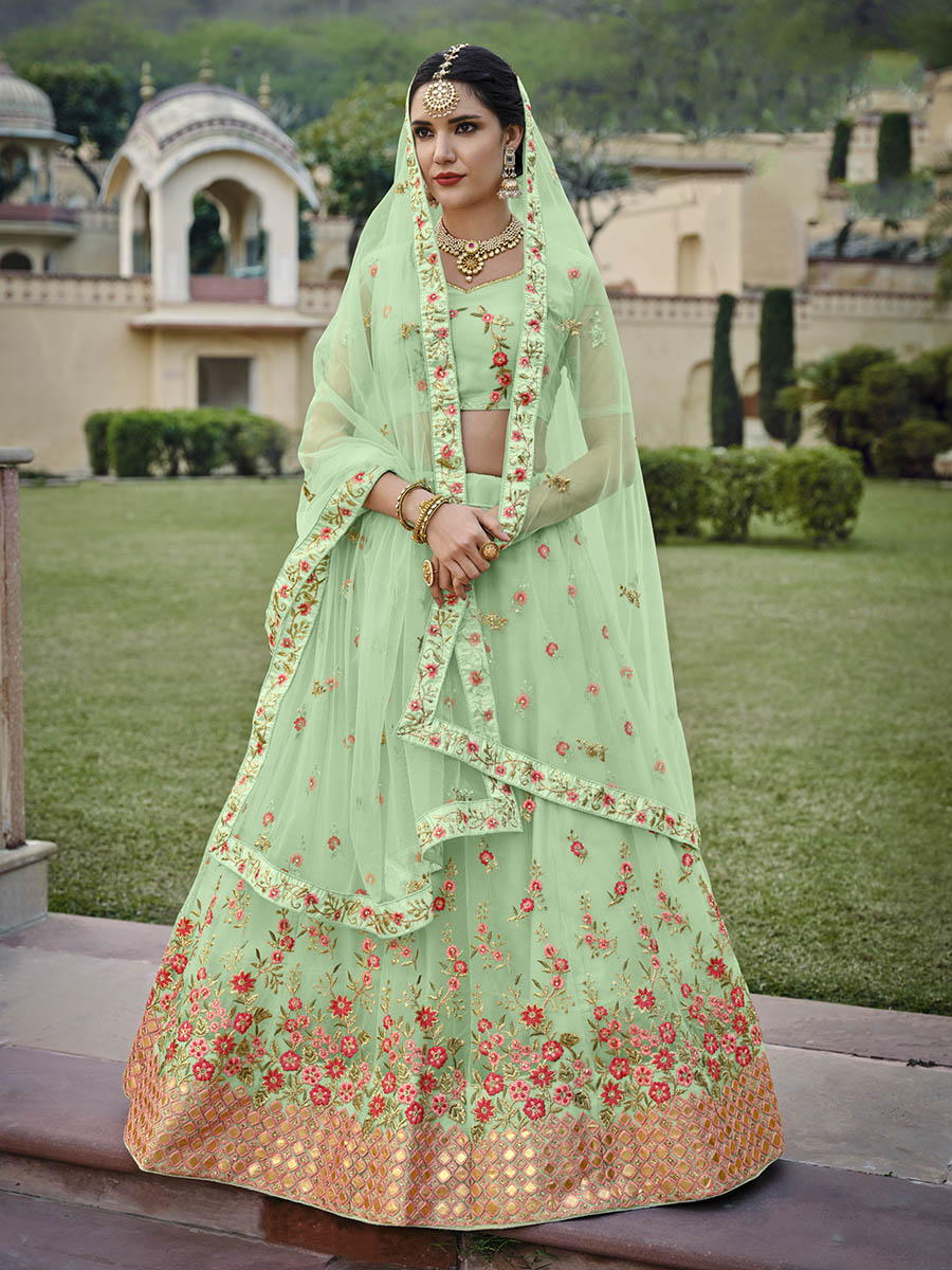 Myra Mint Green Net Heavy Embroidered Designer Lehenga