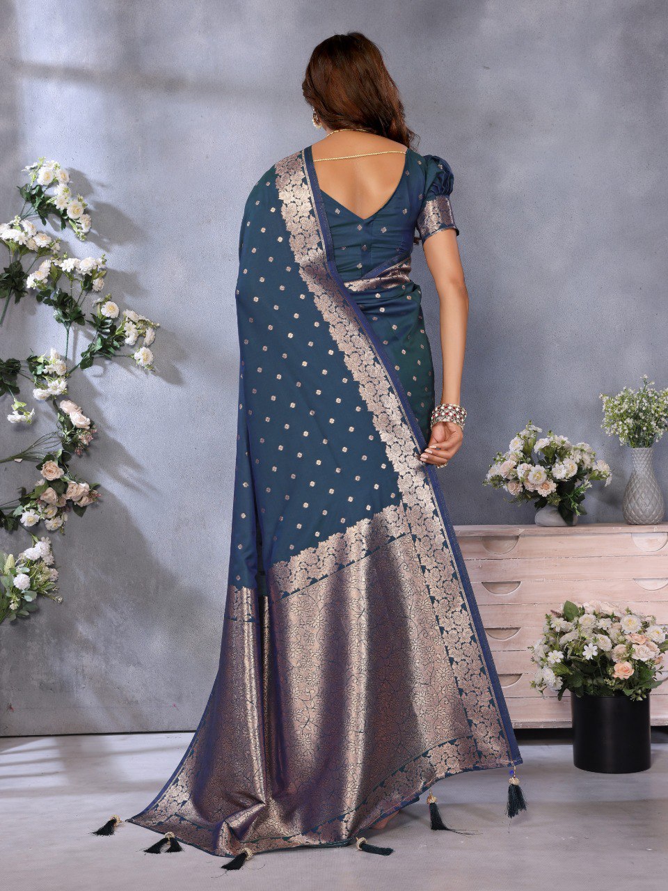 Anaita Teal Premium Banarasi Tissue Silk Saree With Gala Weaving Work