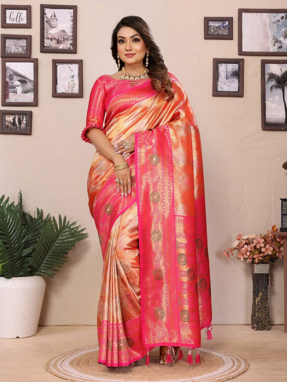 Anaita Orange Banarasi Tissue Silk Saree With Weaving Work