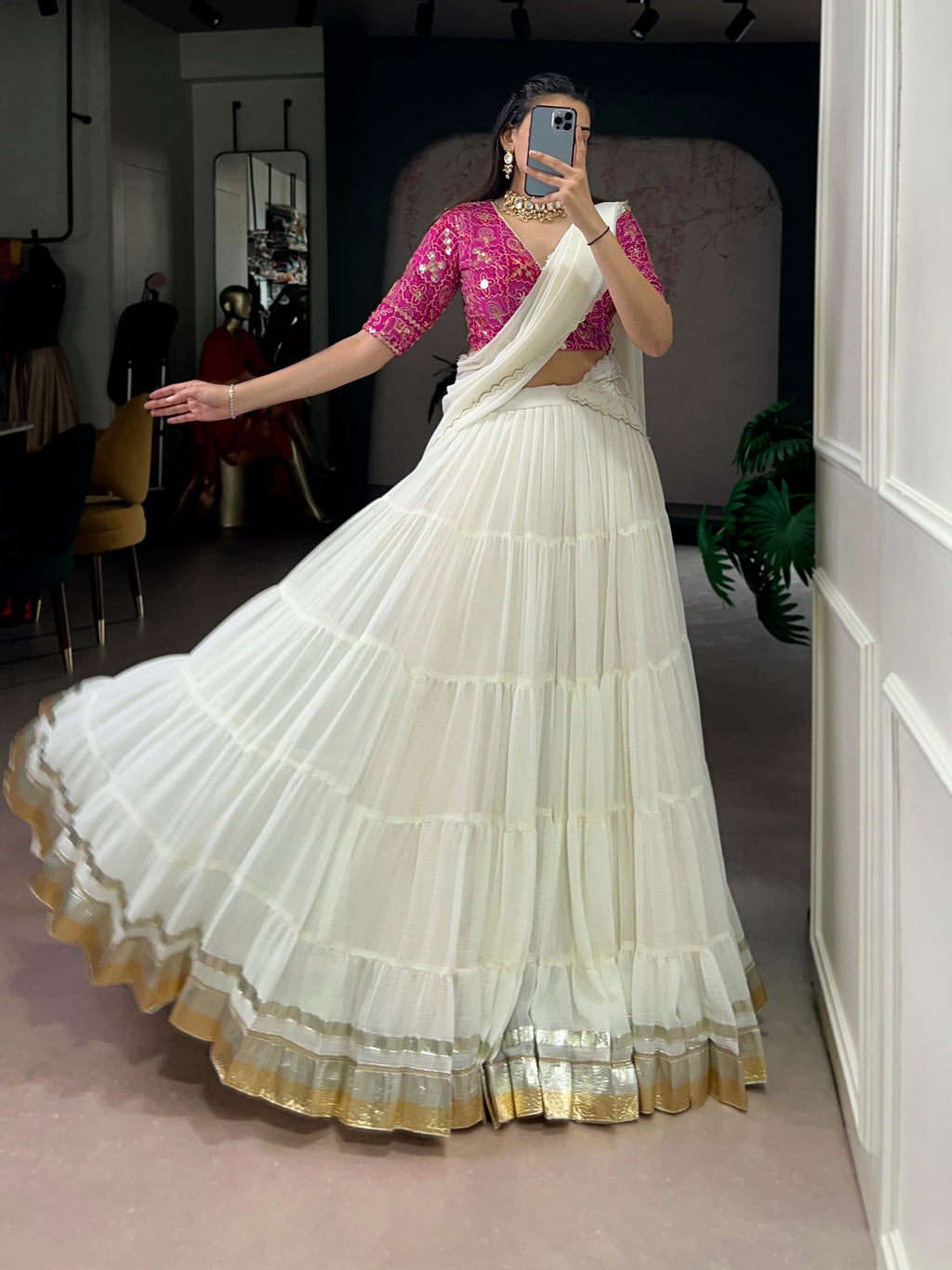 Lorenvalley Fashion White Marbel Fabric with Embossed Design Lace With Gota Patti Touch Up Lehenga Choli with Dupatta